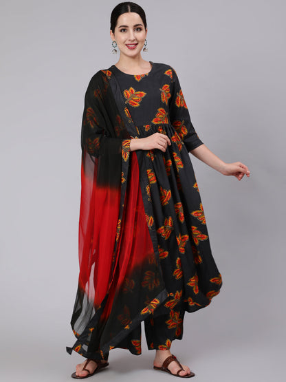 Rayon Calf Length Printed Flared 3/4 Sleeve Round Neck Kurta Set With Dupatta