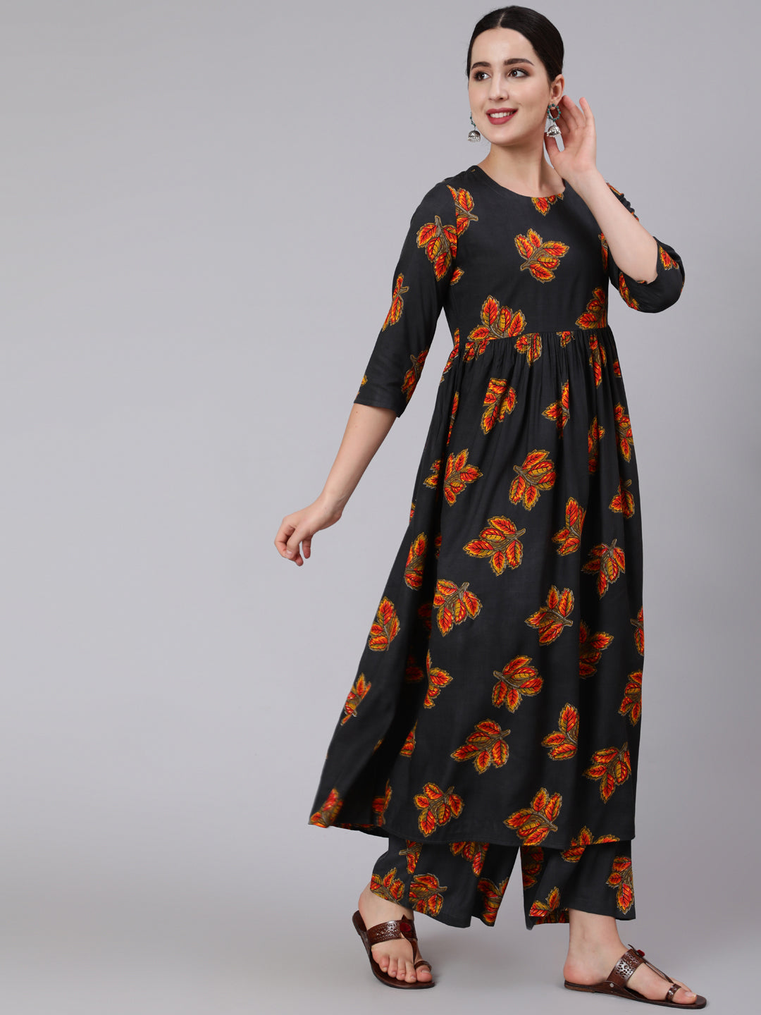 Rayon Calf Length Printed Flared 3/4 Sleeve Round Neck Kurta Set With Dupatta