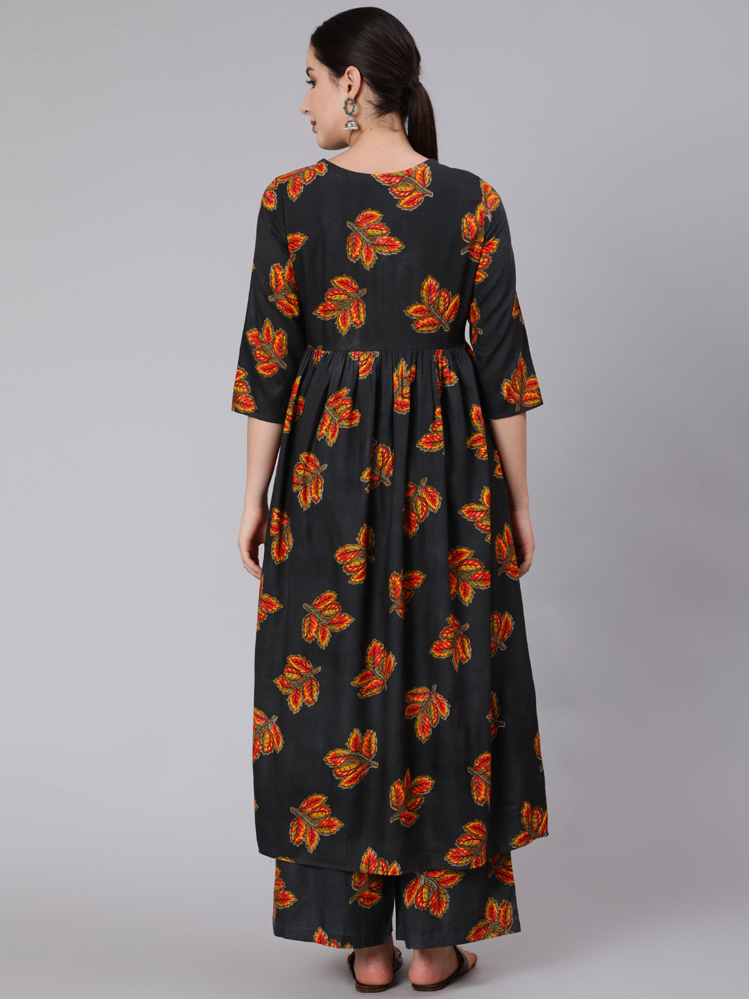 Rayon Calf Length Printed Flared 3/4 Sleeve Round Neck Kurta Set With Dupatta