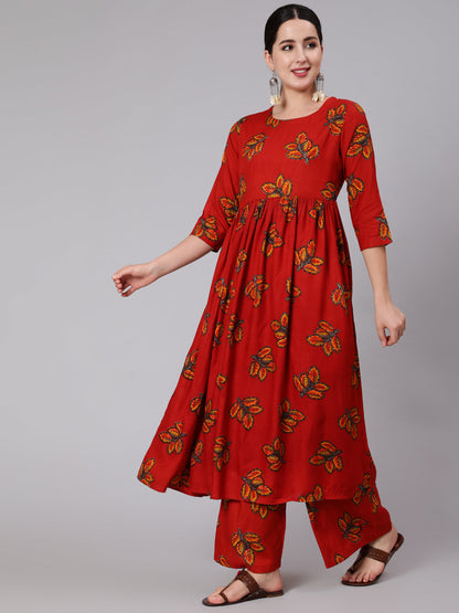 Rayon Calf Length Printed Flared 3/4 Sleeve Round Neck Kurta Set With Dupatta