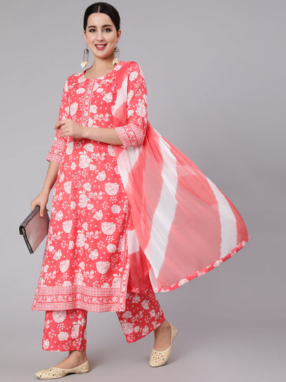 Rayon Calf Length Printed Stright 3/4 Sleeve Round Neck Kurta Set With Dupatta