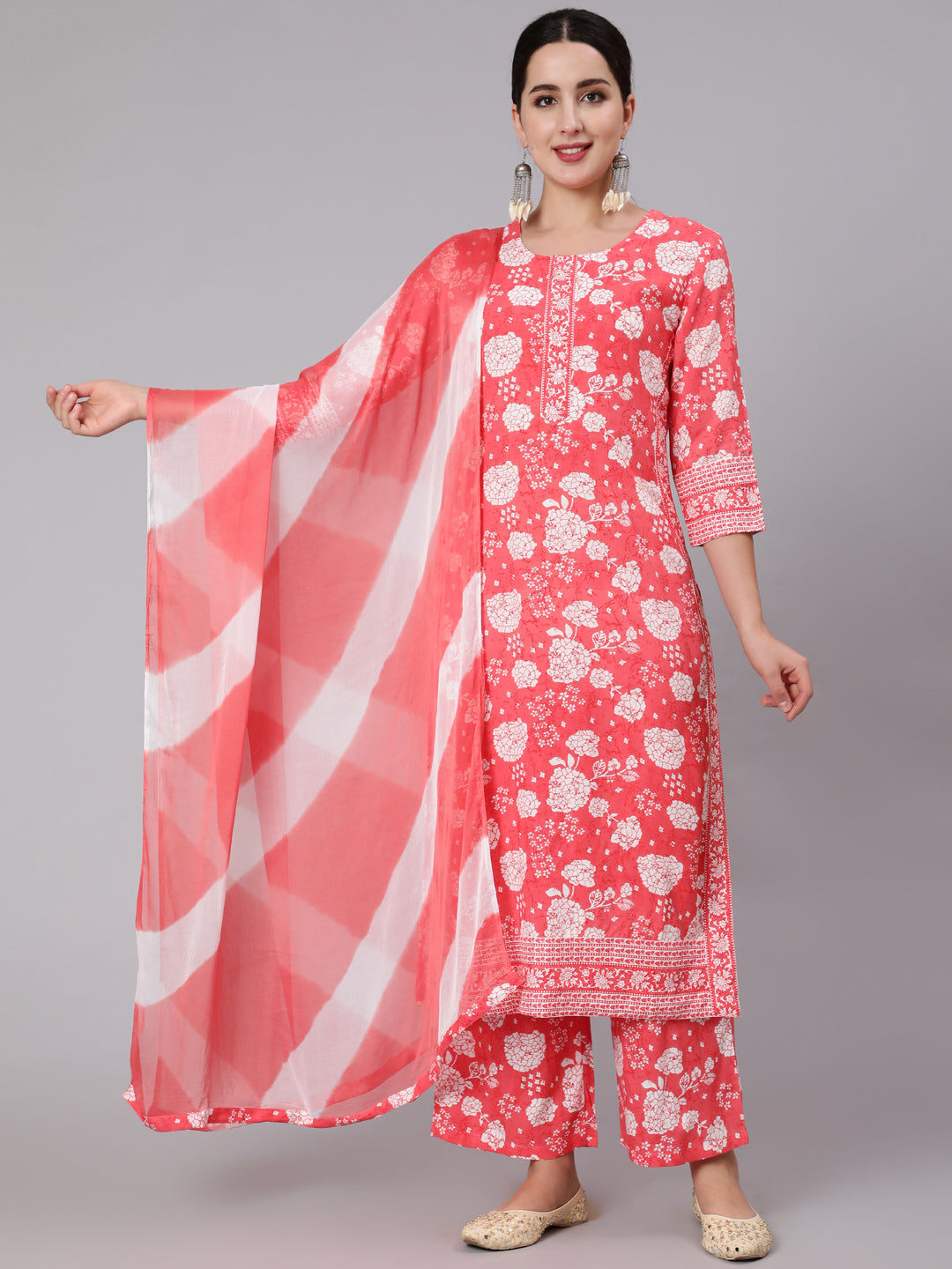 Rayon Calf Length Printed Stright 3/4 Sleeve Round Neck Kurta Set With Dupatta