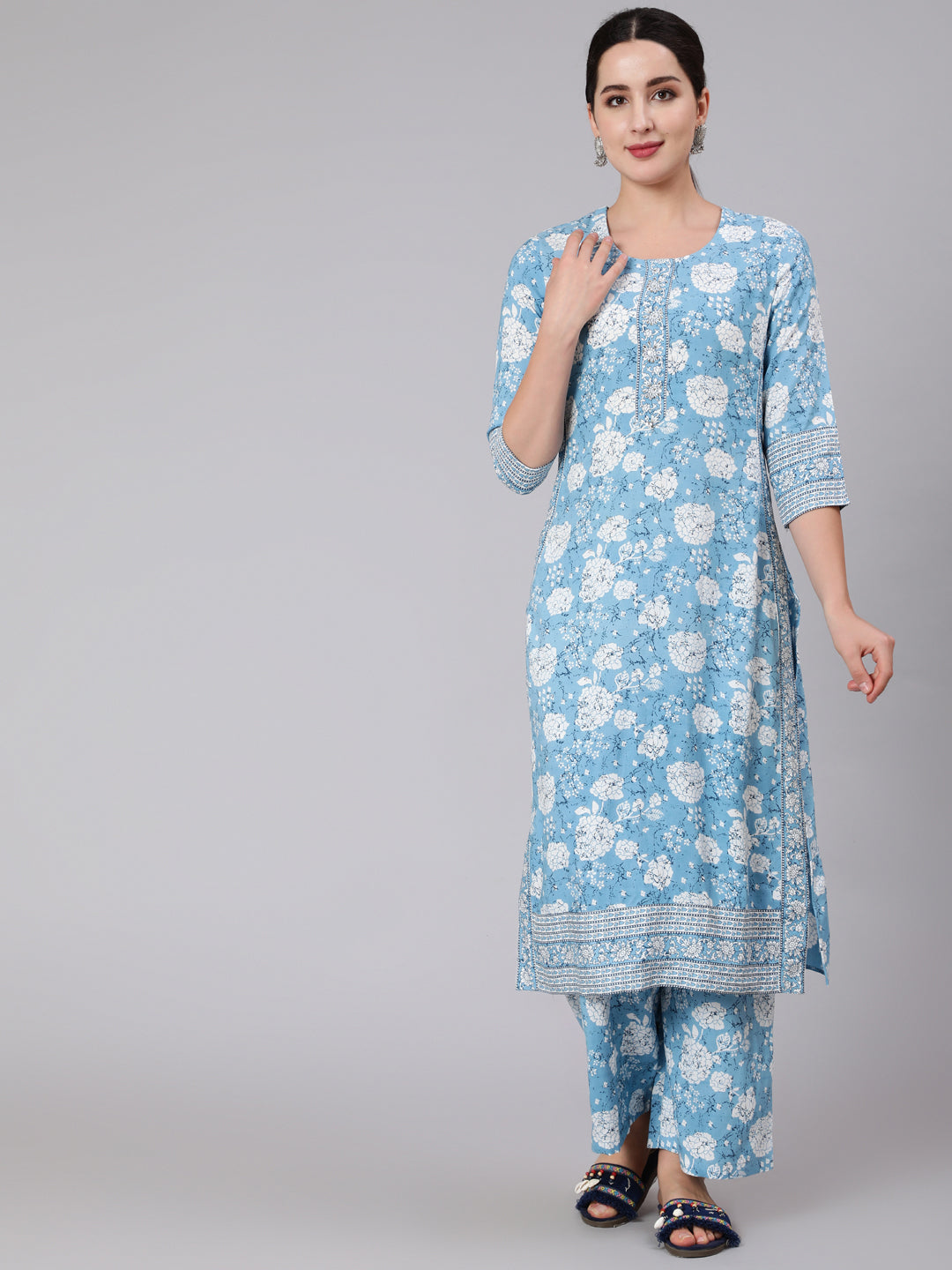 Rayon Calf Length Printed Stright 3/4 Sleeve Round Neck Kurta Set With Dupatta