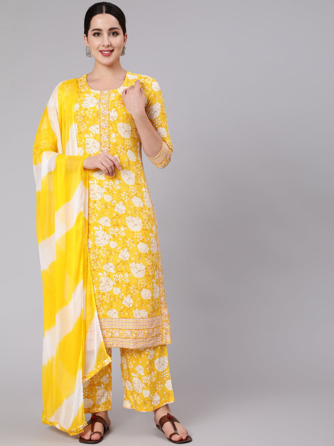 Rayon Calf Length Printed Stright 3/4 Sleeve Round Neck Kurta Set With Dupatta