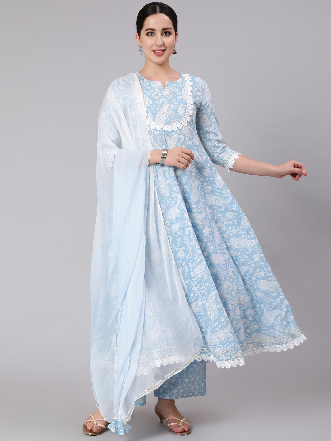 Cotton Calf Length Embellised Flared 3/4 Sleeve Round Neck Kurta Set With Dupatta