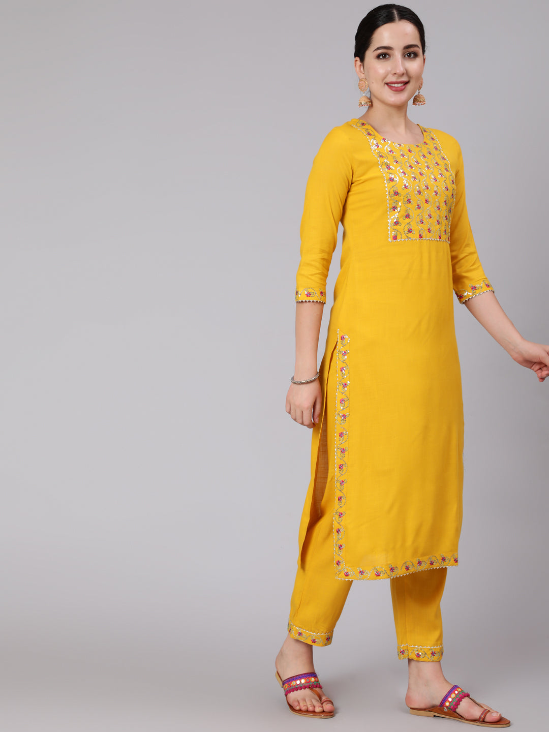 Rayon Slub Calf Length Sequence Stright 3/4 Sleeve Round Neck Kurta Set With Dupatta