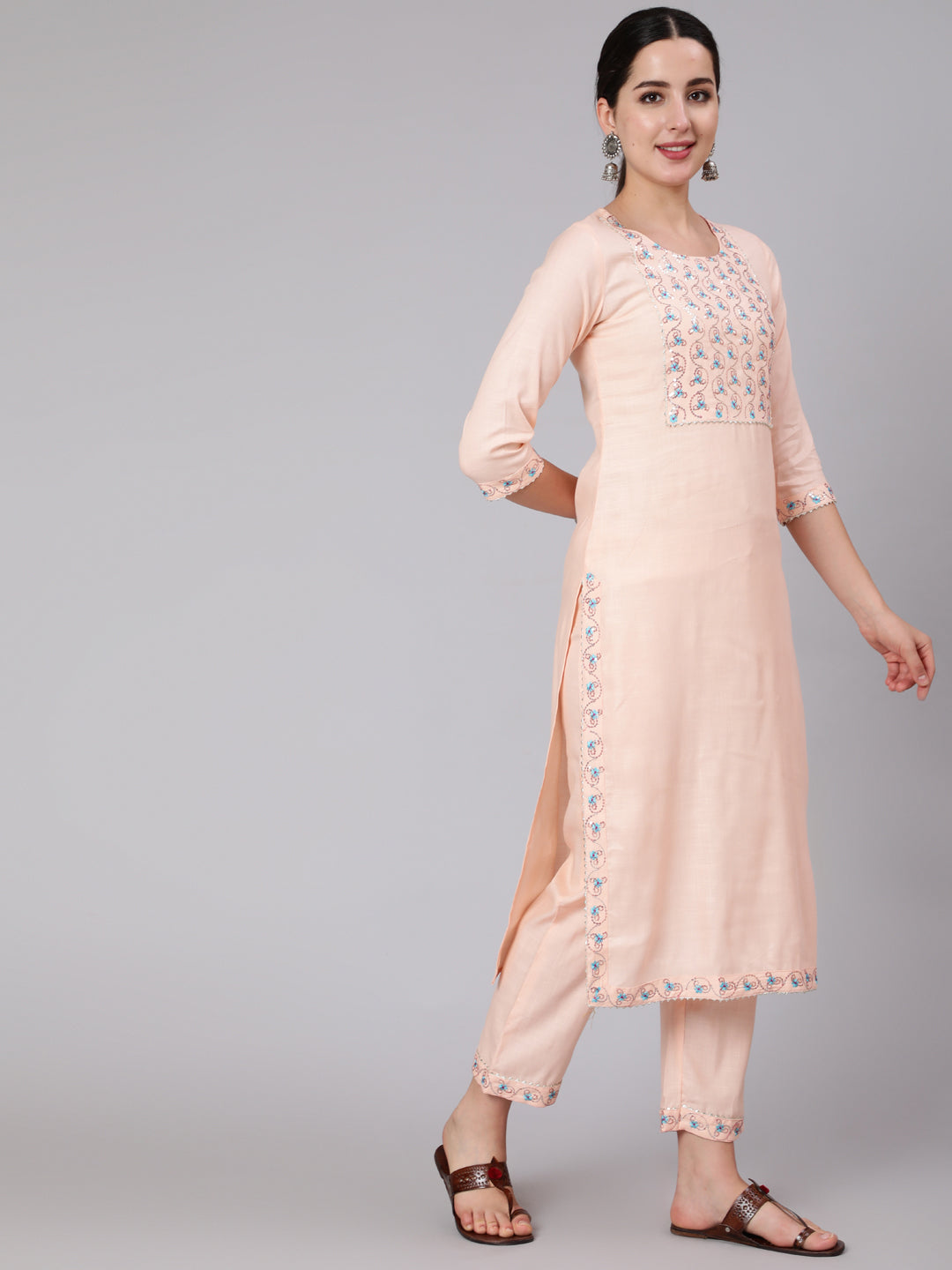 Rayon Slub Calf Length Sequence Stright 3/4 Sleeve Round Neck Kurta Set With Dupatta