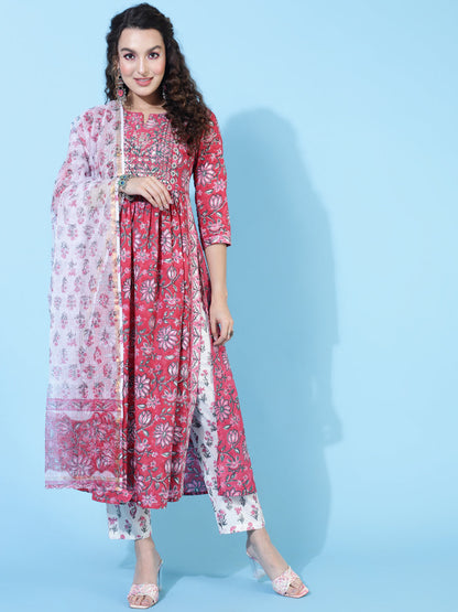 Cotton Calf Printed Semi-Flared 3/4 Sleeve Round Kurta Bottom Dupatta Set