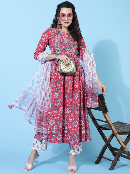 Cotton Calf Printed Semi-Flared 3/4 Sleeve Round Kurta Bottom Dupatta Set