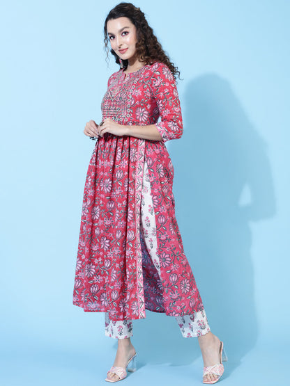 Cotton Calf Printed Semi-Flared 3/4 Sleeve Round Kurta Bottom Dupatta Set