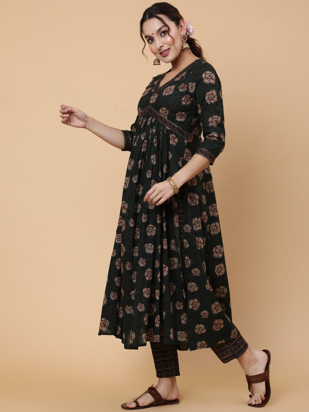 Cotton Calf Printed Semi-Flared 3/4 Sleeve V Kurta Bottom Dupatta Set