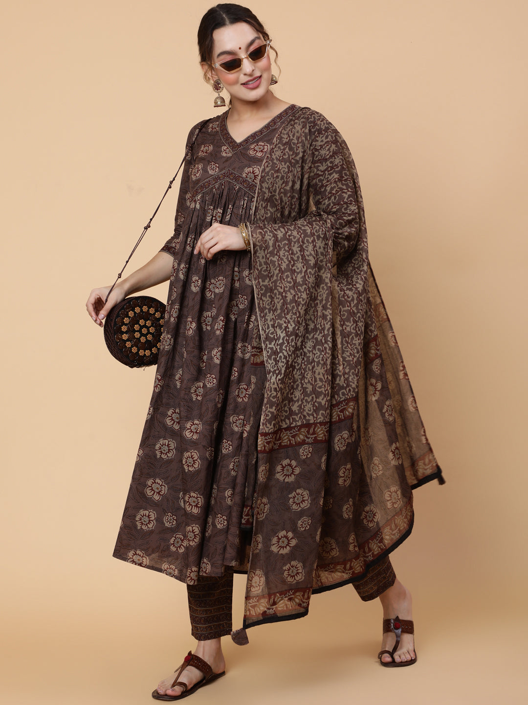 Cotton Calf Printed Semi-Flared 3/4 Sleeve V Kurta Bottom Dupatta Set