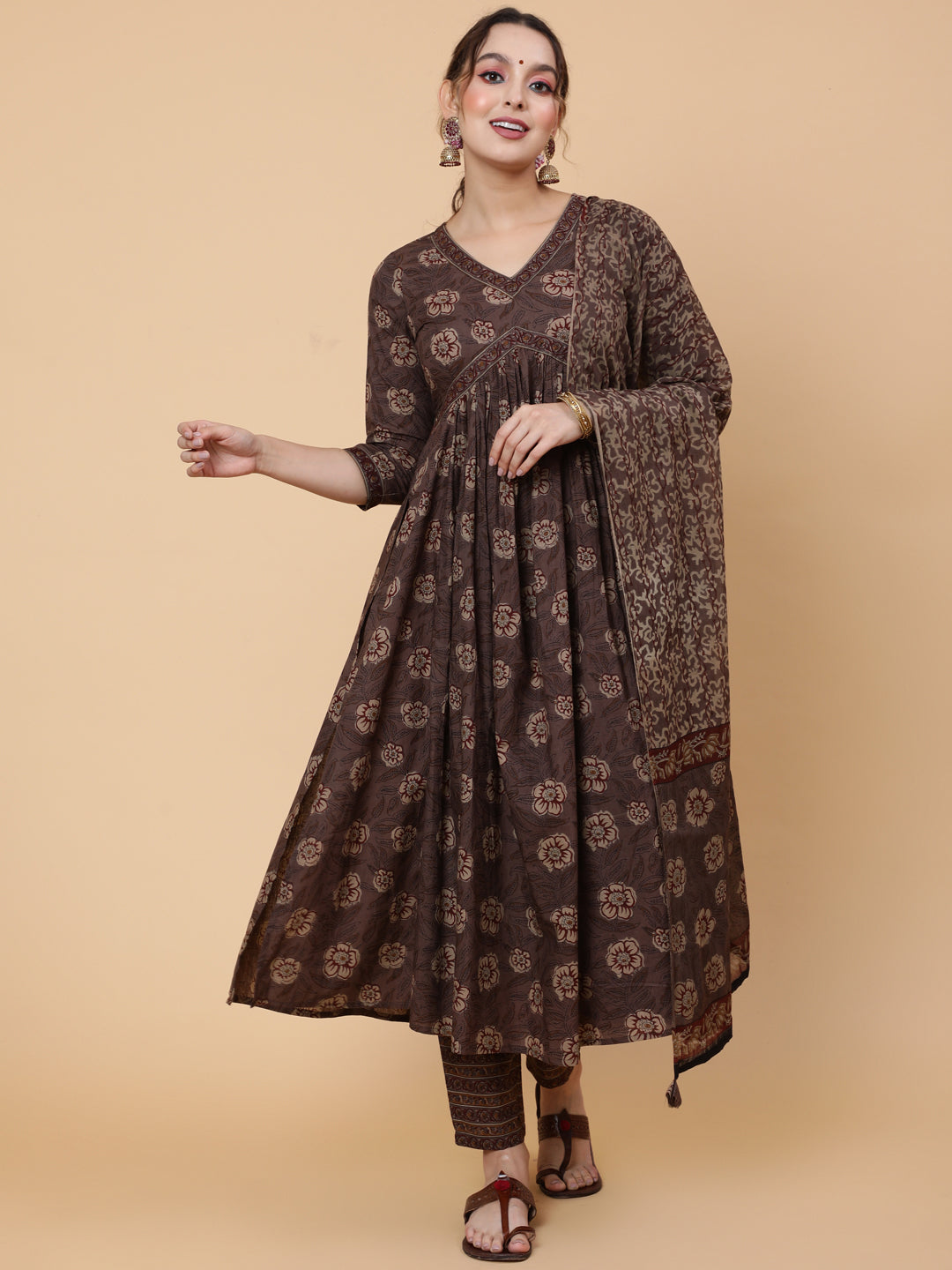 Cotton Calf Printed Semi-Flared 3/4 Sleeve V Kurta Bottom Dupatta Set