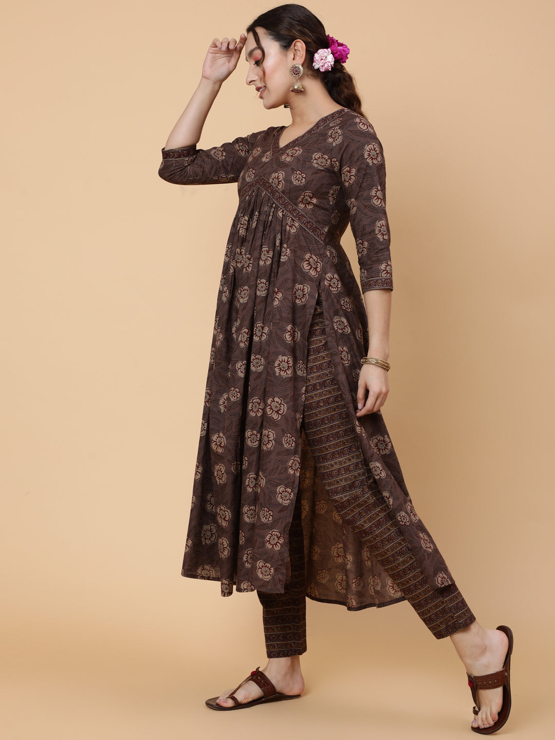 Cotton Calf Printed Semi-Flared 3/4 Sleeve V Kurta Bottom Dupatta Set