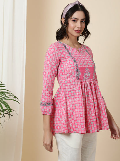 Cotton  Short Length Length Printed Flared 3/4 Sleeves Round Top