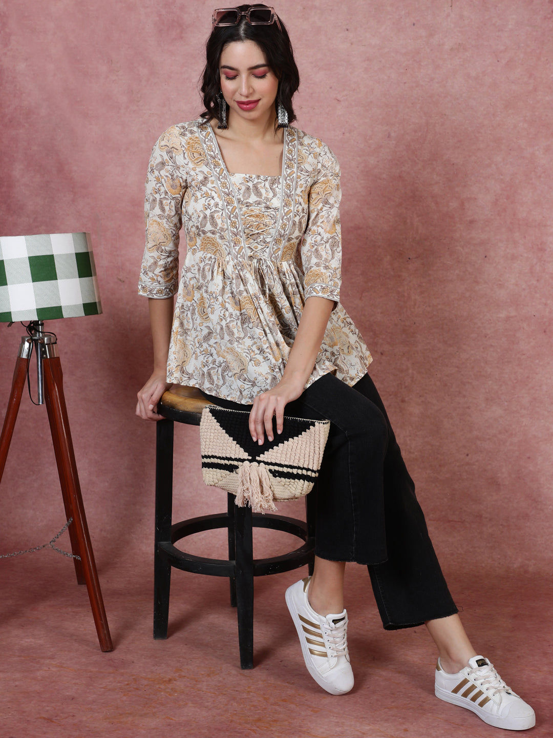 Cotton  Short Length Length Printed Flared 3/4 Sleeves Square Top