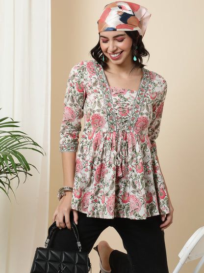 Cotton  Short Length Length Printed Flared 3/4 Sleeves Square Top