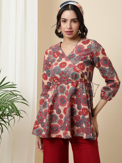 Cotton  Short Length Length Printed Flared 3/4 Sleeves V-Neck Top