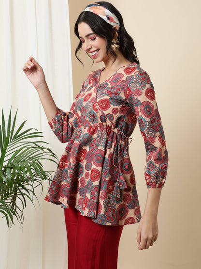 Cotton  Short Length Length Printed Flared 3/4 Sleeves V-Neck Top