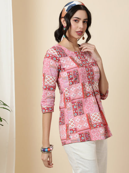 Cotton  Short Length Length Printed Regular 3/4 Sleeves Round Top