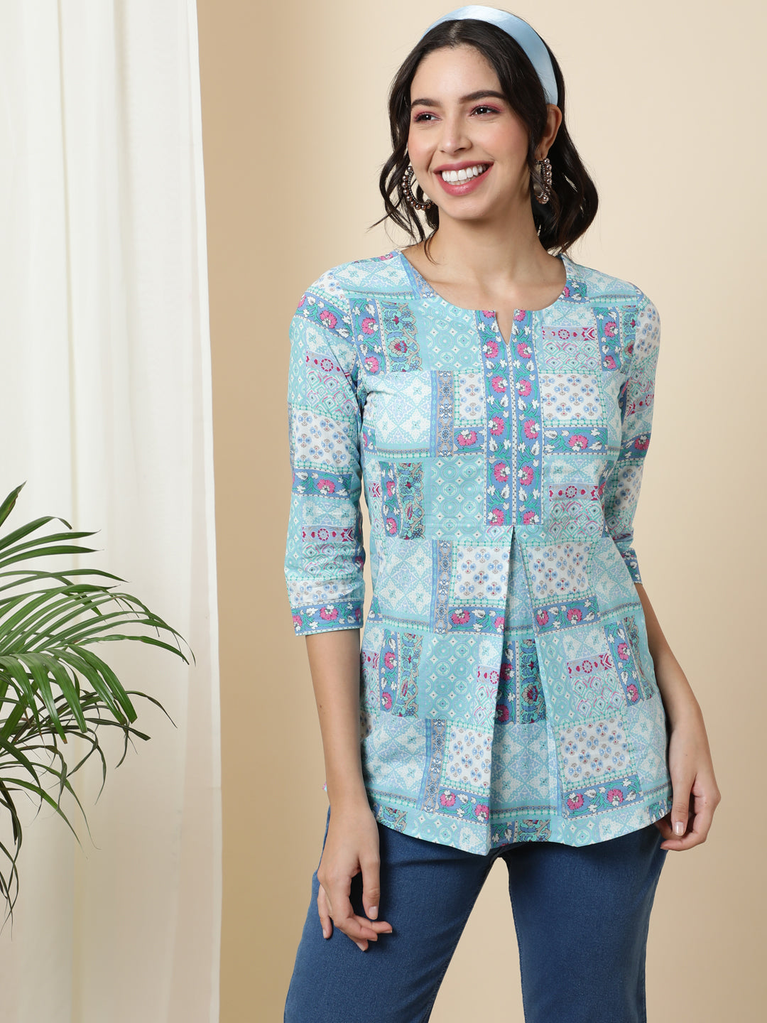 Cotton  Short Length Length Printed Regular 3/4 Sleeves Round Top