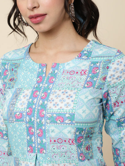 Cotton  Short Length Length Printed Regular 3/4 Sleeves Round Top