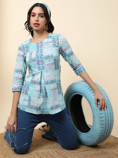 Cotton  Short Length Length Printed Regular 3/4 Sleeves Round Top