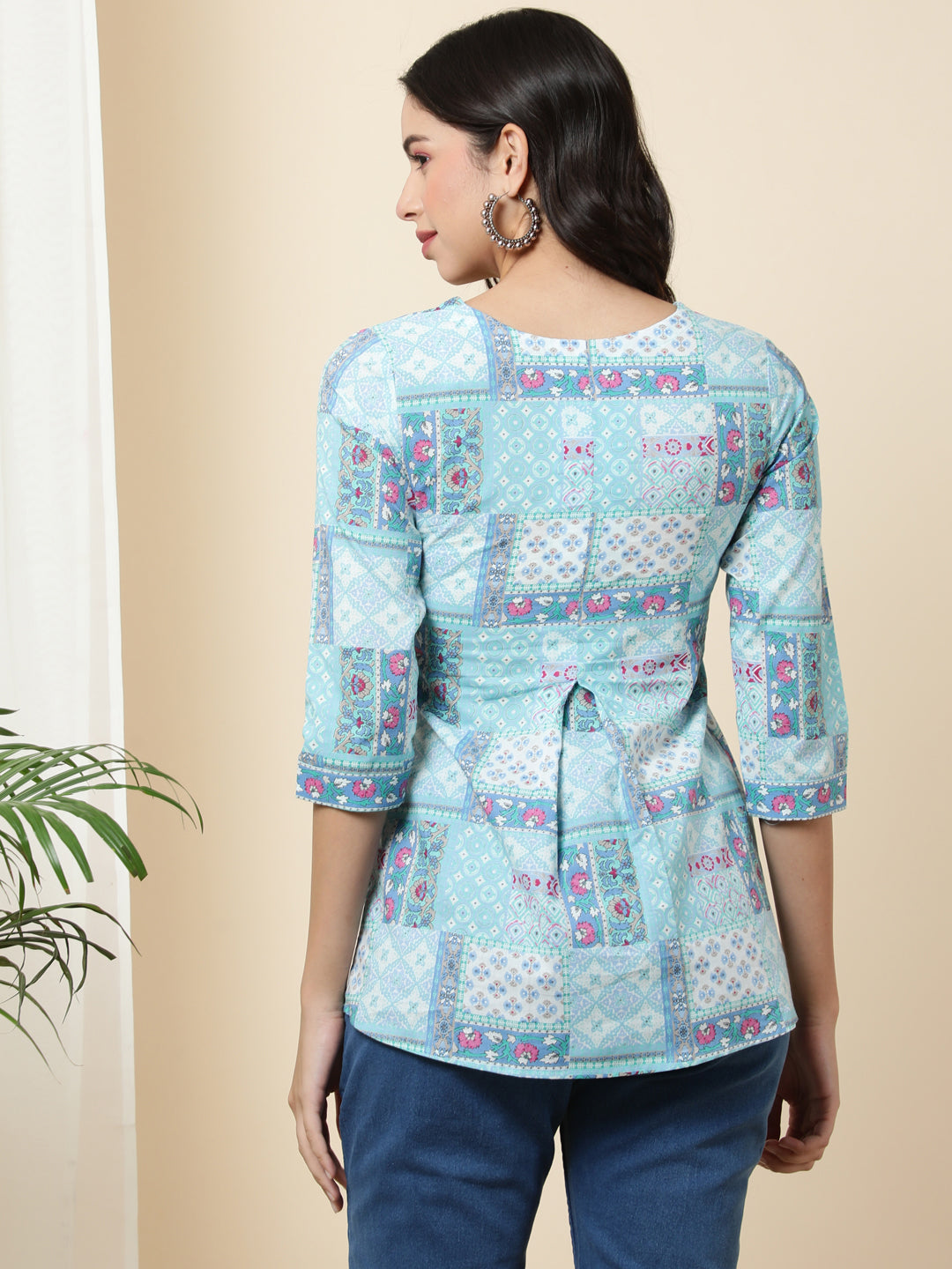 Cotton  Short Length Length Printed Regular 3/4 Sleeves Round Top