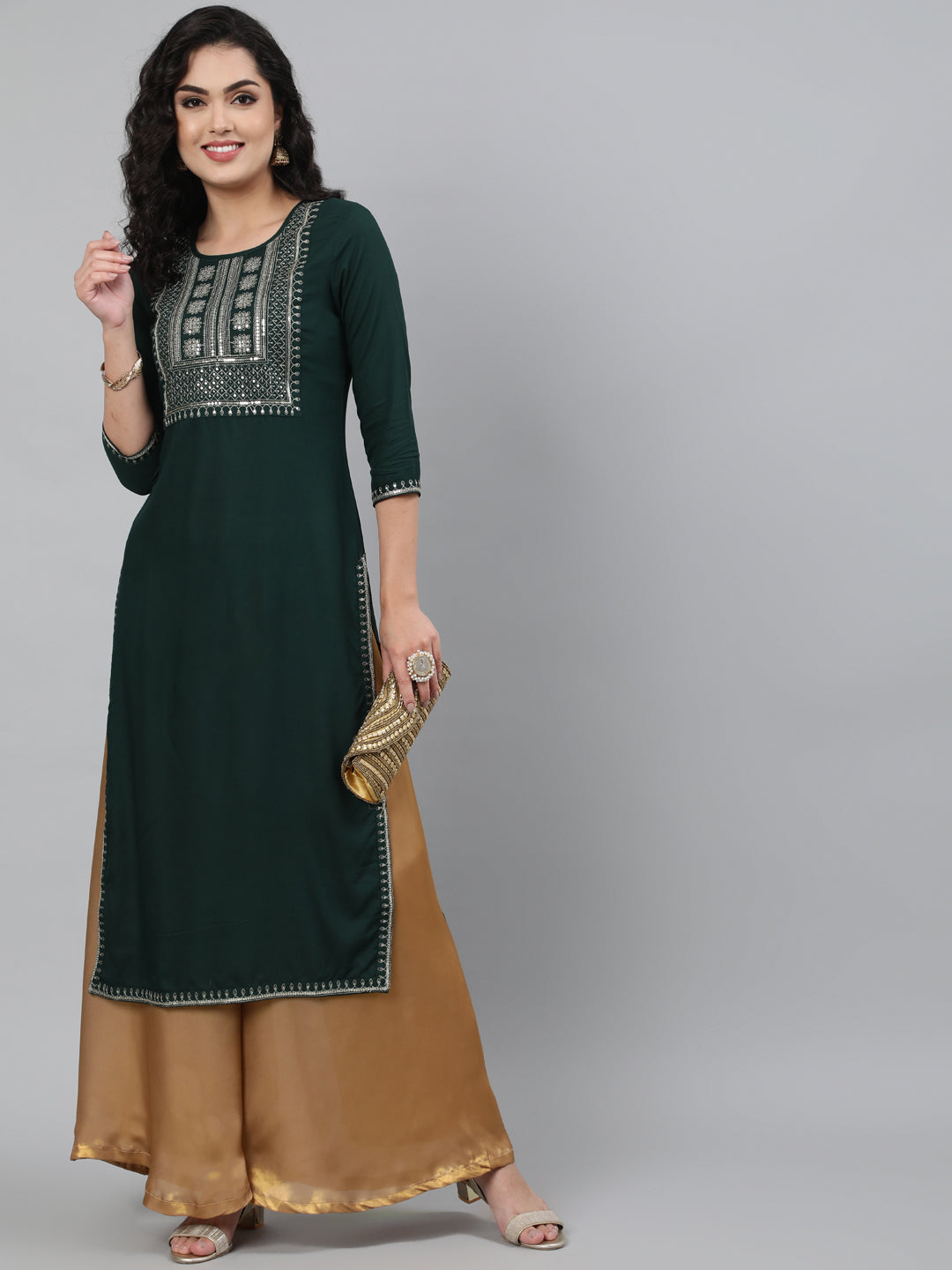 Rayon Bottle Green Calf Length Straight 3/4 Sleeve Round Neck Embroidered Kurta