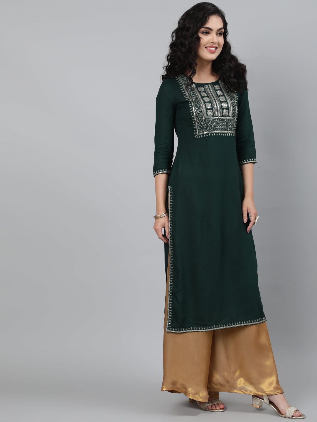 Rayon Bottle Green Calf Length Straight 3/4 Sleeve Round Neck Embroidered Kurta