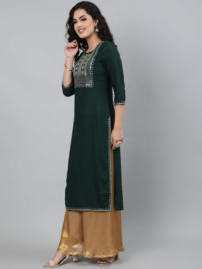 Rayon Bottle Green Calf Length Straight 3/4 Sleeve Round Neck Embroidered Kurta