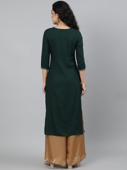 Rayon Bottle Green Calf Length Straight 3/4 Sleeve Round Neck Embroidered Kurta