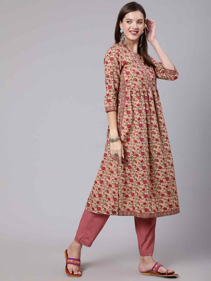 Rayon Calf Length Printed Semi Flared 3/4 Sleeve Round Neck Kurta