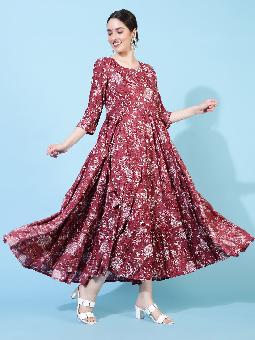 Rayon  Ankle Length Printed Flared 3/4 Sleeve Round Kurta