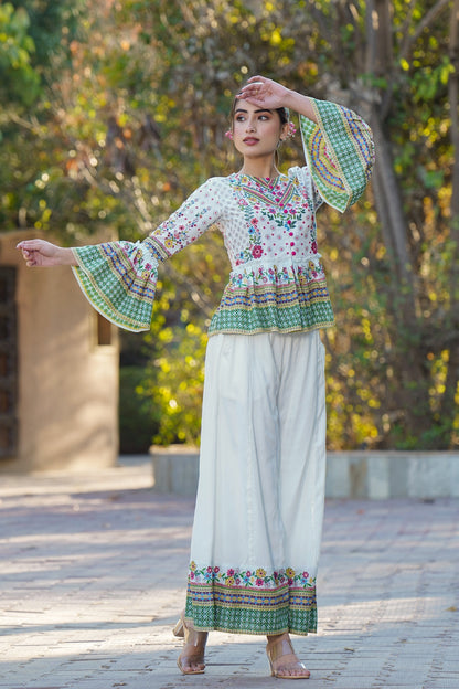 White Rayon Printed Peplum Top Palazzo Set