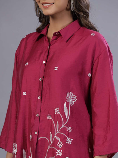 Fuchsia Chanderi Embroidered Clothing Set