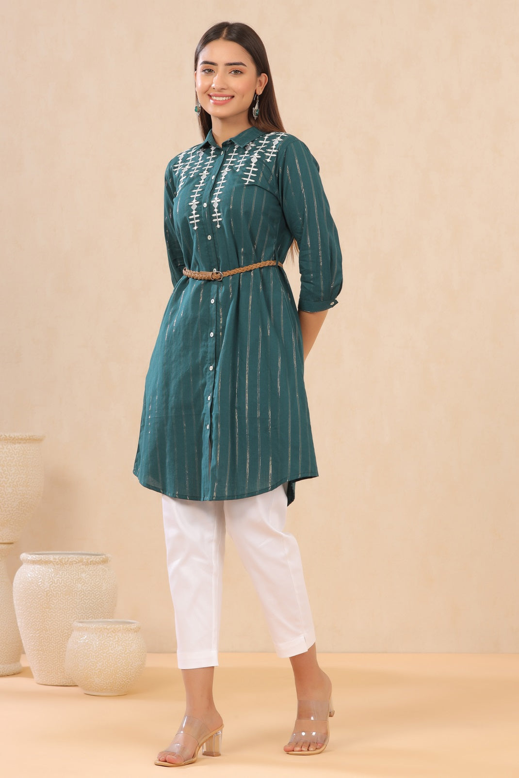 Teal Cotton Lurex Embroidered A-Line Dress with Belt