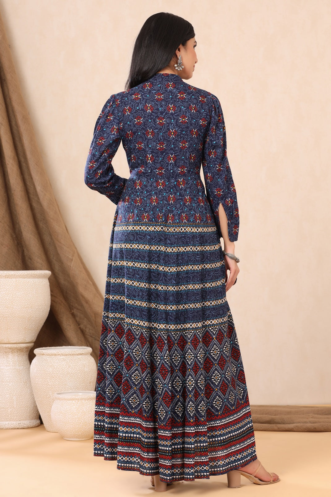 Indigo Rayon Printed Flared Dress