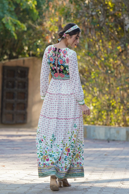 White Rayon Printed Tiered Dress with Tie-up Dori