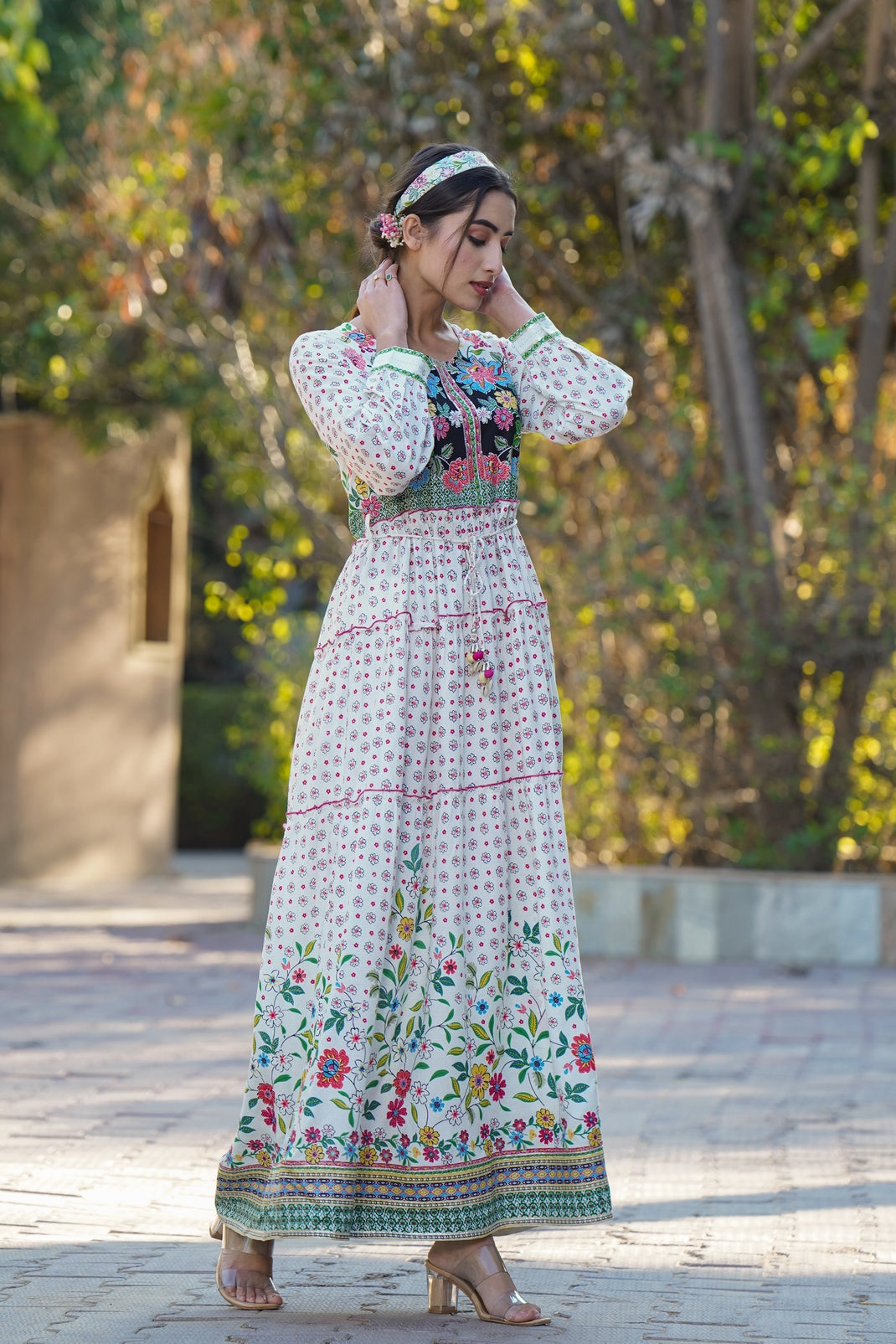 White Rayon Printed Tiered Dress with Tie-up Dori