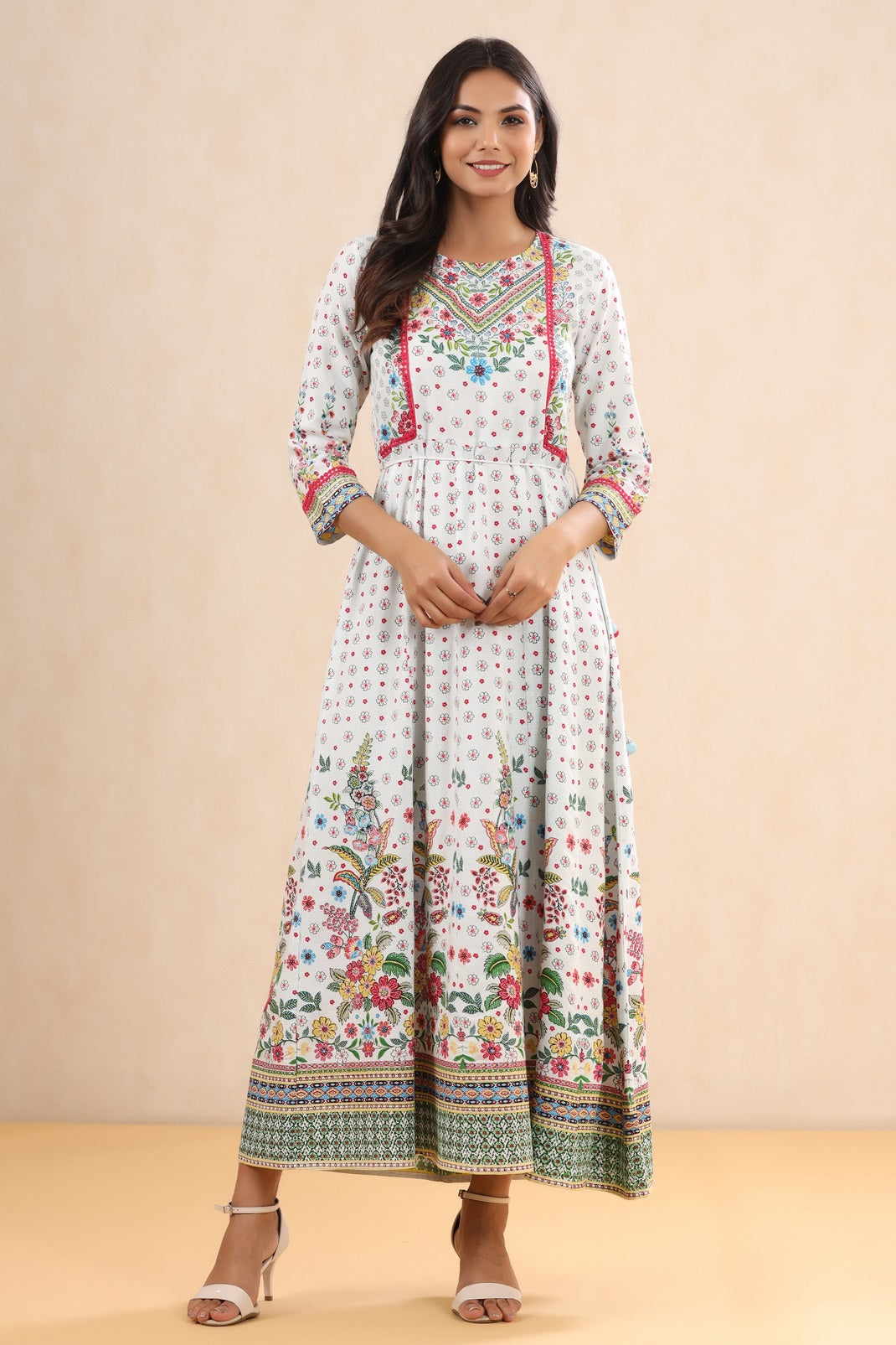 White Rayon Printed Anarkali Dress with Tie-up Dori