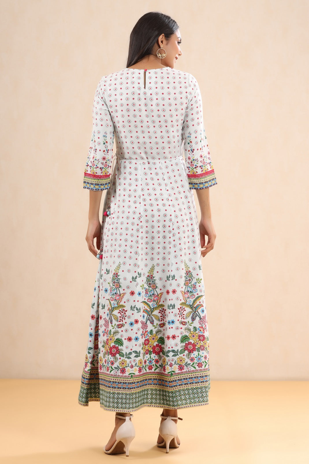 White Rayon Printed Anarkali Dress with Tie-up Dori