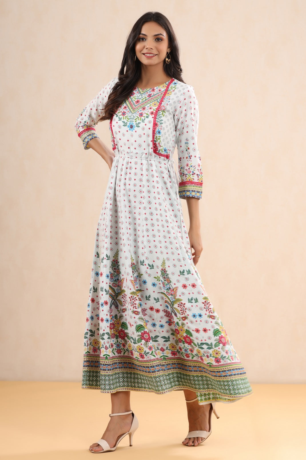 White Rayon Printed Anarkali Dress with Tie-up Dori