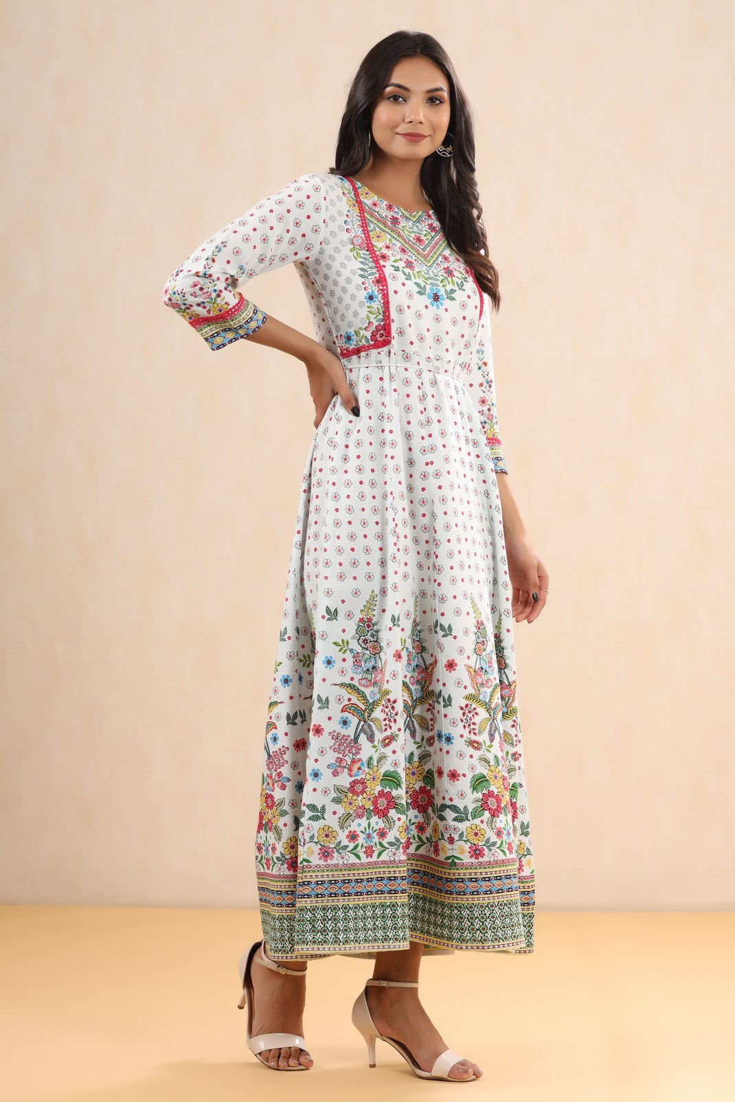 White Rayon Printed Anarkali Dress with Tie-up Dori