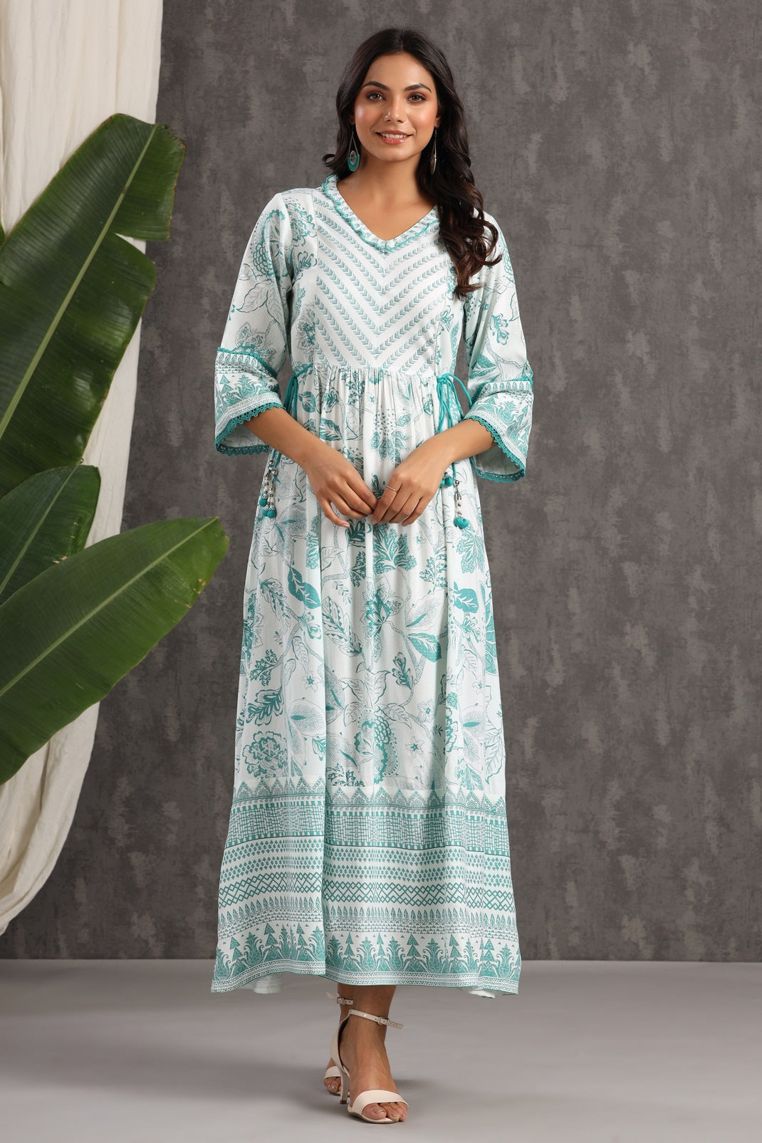 Teal Rayon Printed Flared Dress