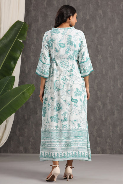 Teal Rayon Printed Flared Dress