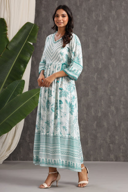 Teal Rayon Printed Flared Dress