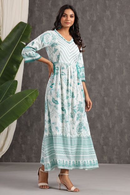 Teal Rayon Printed Flared Dress