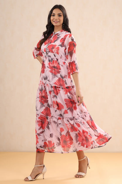 Pink Chiffon Printed Tiered Dress