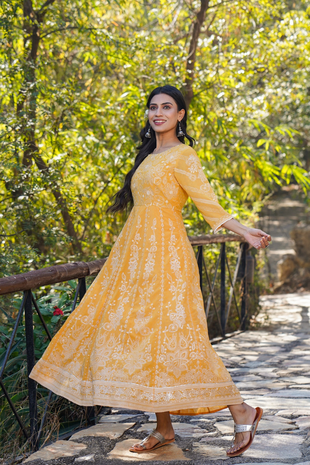 Yellow Georgette Printed Anarkali Dress